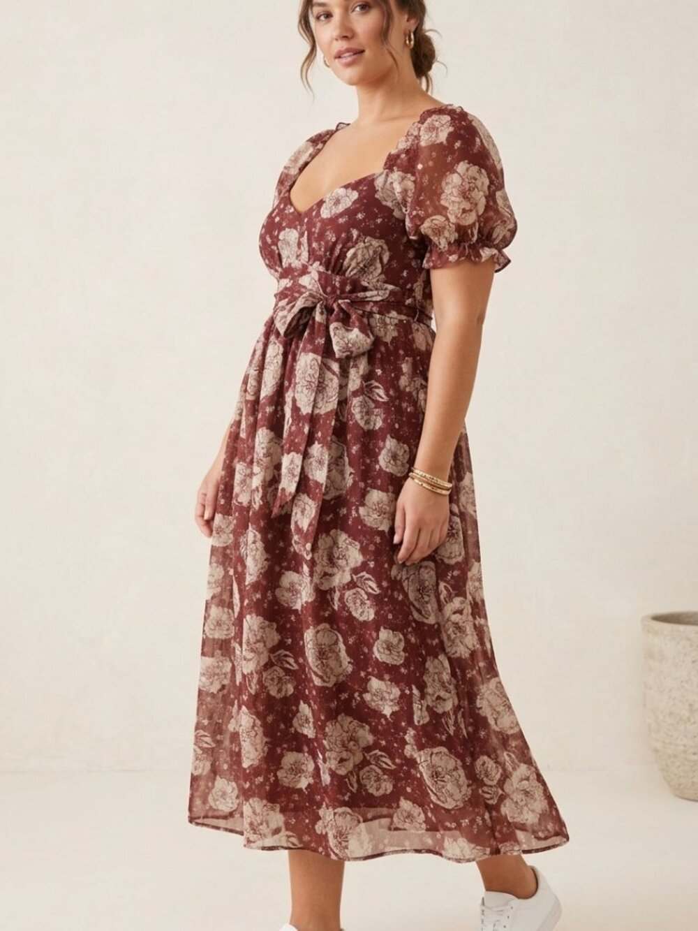 Floral Puff Sleeve Tie Waist Maxi Dress Burgundy Cream M Garden Wedding Fall